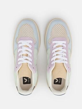 Veja V-10 suede sneakers in a blue, jade, and white multicolor colorway. Size 37